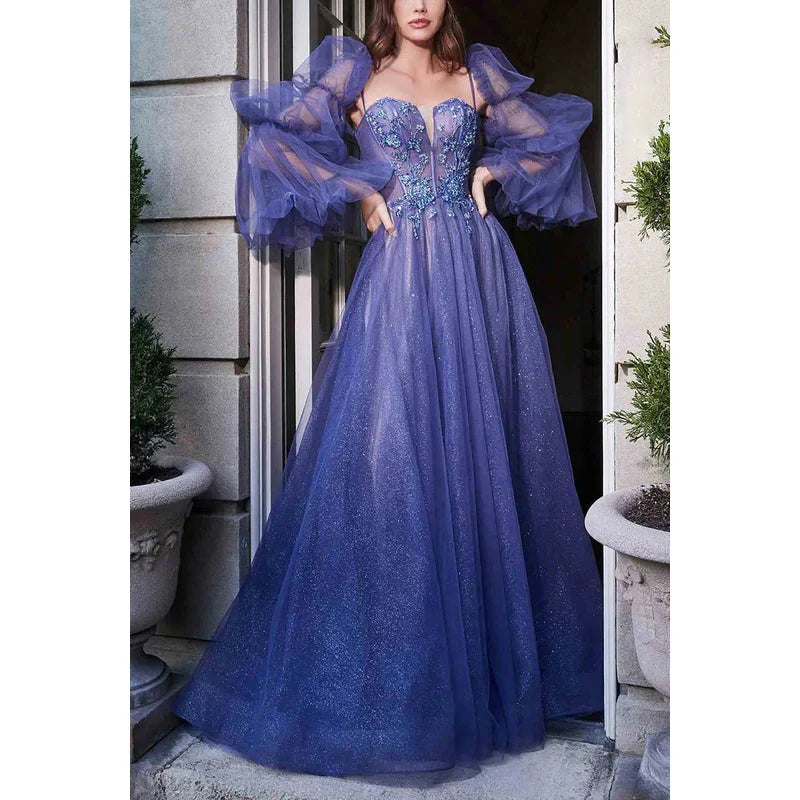 Dress Sparkly V-Neck Long Sleeves Appliqued Sheer Tulle A-Line Long Prom Dress Party Dress