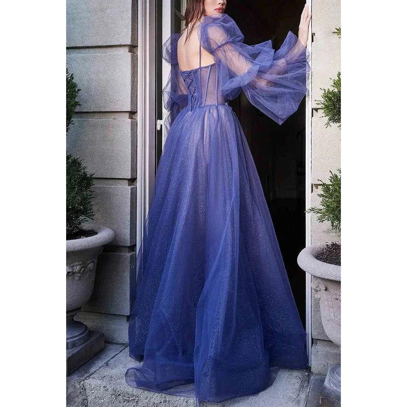 Dress Sparkly V-Neck Long Sleeves Appliqued Sheer Tulle A-Line Long Prom Dress Party Dress