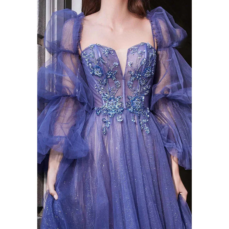 Dress Sparkly V-Neck Long Sleeves Appliqued Sheer Tulle A-Line Long Prom Dress Party Dress