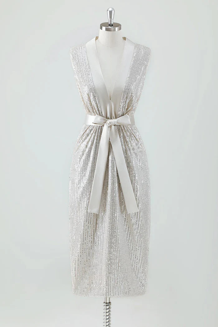 Dress Sparkly V-Neck Prom Dress Midi Dress Sleeveless With Bow Belt Party Dress