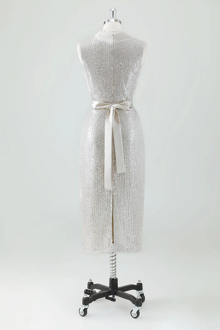Dress Sparkly V-Neck Prom Dress Midi Dress Sleeveless With Bow Belt Party Dress