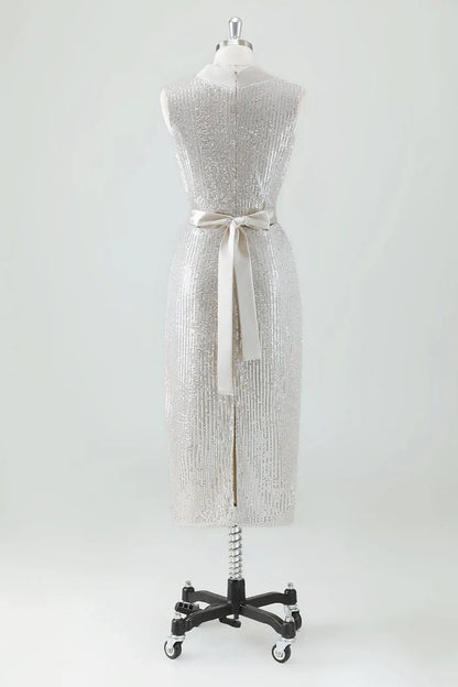 Dress Sparkly V-Neck Prom Dress Midi Dress Sleeveless With Bow Belt Party Dress