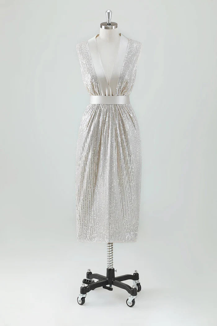 Dress Sparkly V-Neck Prom Dress Midi Dress Sleeveless With Bow Belt Party Dress