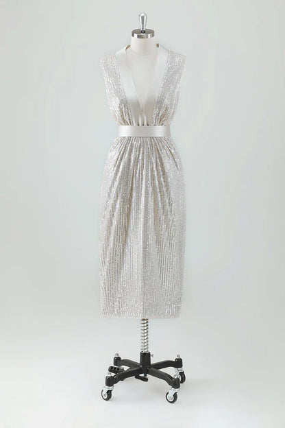 Dress Sparkly V-Neck Prom Dress Midi Dress Sleeveless With Bow Belt Party Dress