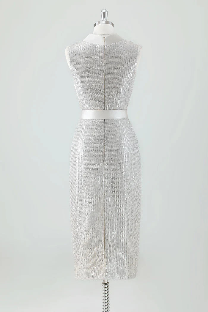 Dress Sparkly V-Neck Prom Dress Midi Dress Sleeveless With Bow Belt Party Dress