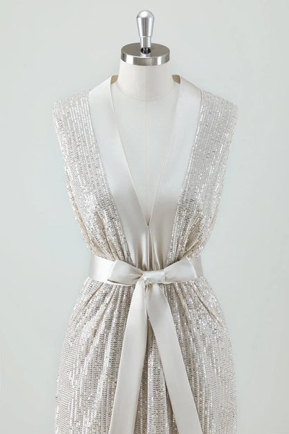 Dress Sparkly V-Neck Prom Dress Midi Dress Sleeveless With Bow Belt Party Dress
