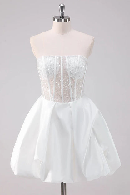 Dress Sparkly White A-Line Strapless Short Homecoming Dress Sleeveless Sequins Party Dress