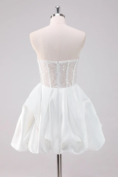 Dress Sparkly White A-Line Strapless Short Homecoming Dress Sleeveless Sequins Party Dress