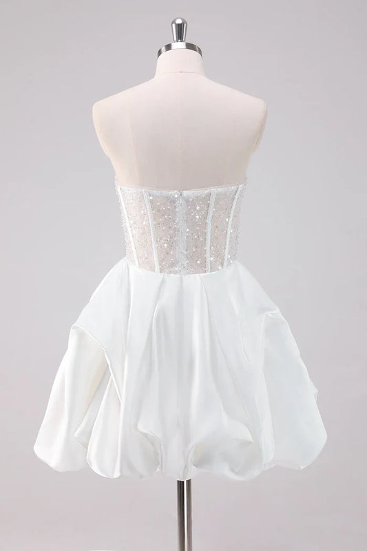 Dress Sparkly White A-Line Strapless Short Homecoming Dress Sleeveless Sequins Party Dress