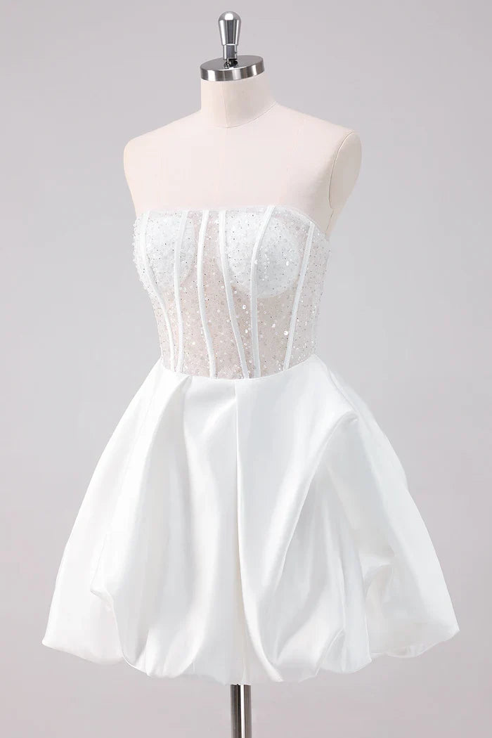 Dress Sparkly White A-Line Strapless Short Homecoming Dress Sleeveless Sequins Party Dress