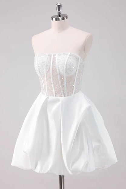 Dress Sparkly White A-Line Strapless Short Homecoming Dress Sleeveless Sequins Party Dress