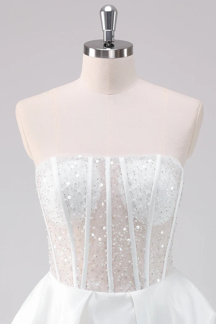 Dress Sparkly White A-Line Strapless Short Homecoming Dress Sleeveless Sequins Party Dress