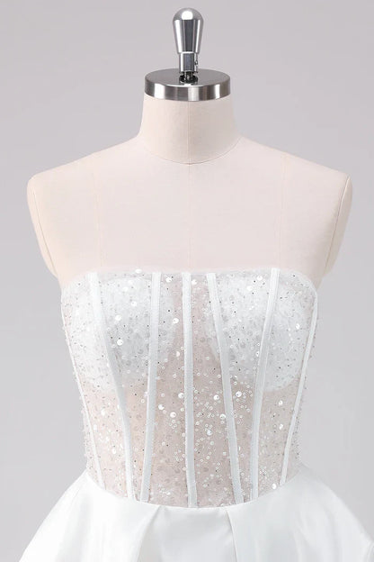 Dress Sparkly White A-Line Strapless Short Homecoming Dress Sleeveless Sequins Party Dress