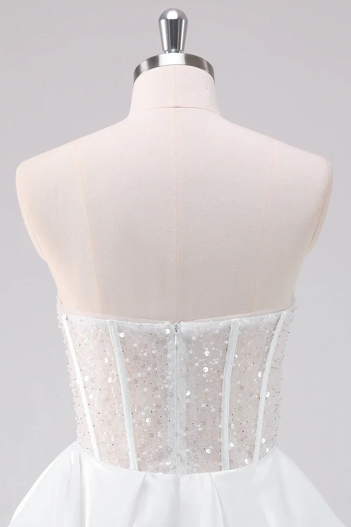 Dress Sparkly White A-Line Strapless Short Homecoming Dress Sleeveless Sequins Party Dress