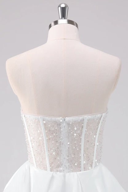 Dress Sparkly White A-Line Strapless Short Homecoming Dress Sleeveless Sequins Party Dress