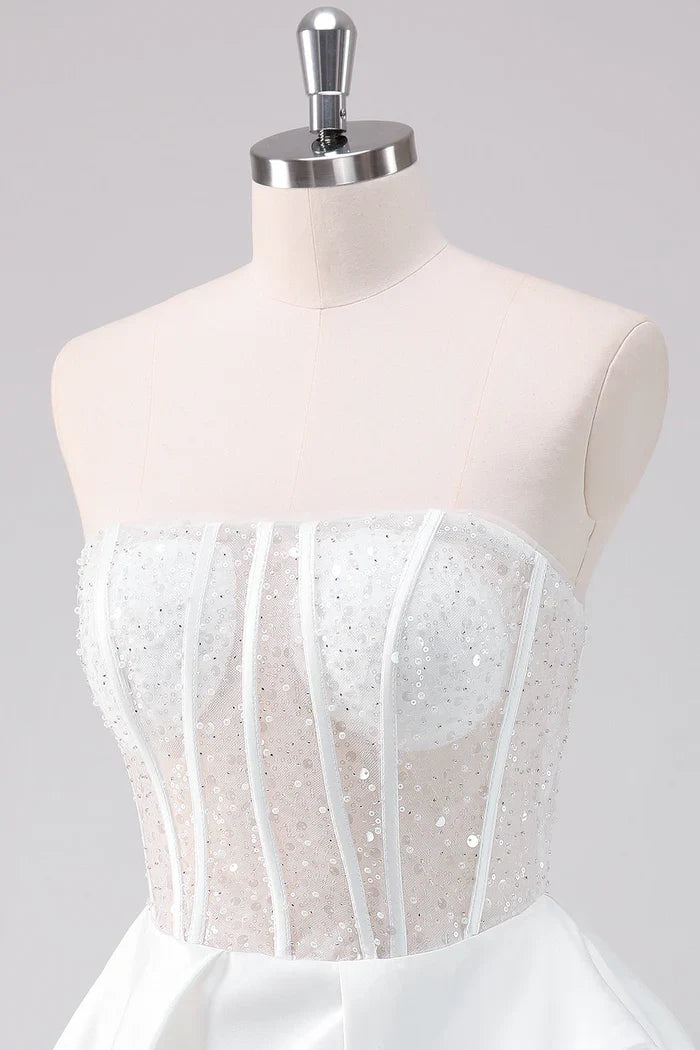 Dress Sparkly White A-Line Strapless Short Homecoming Dress Sleeveless Sequins Party Dress