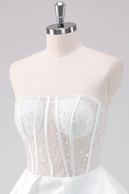 Dress Sparkly White A-Line Strapless Short Homecoming Dress Sleeveless Sequins Party Dress