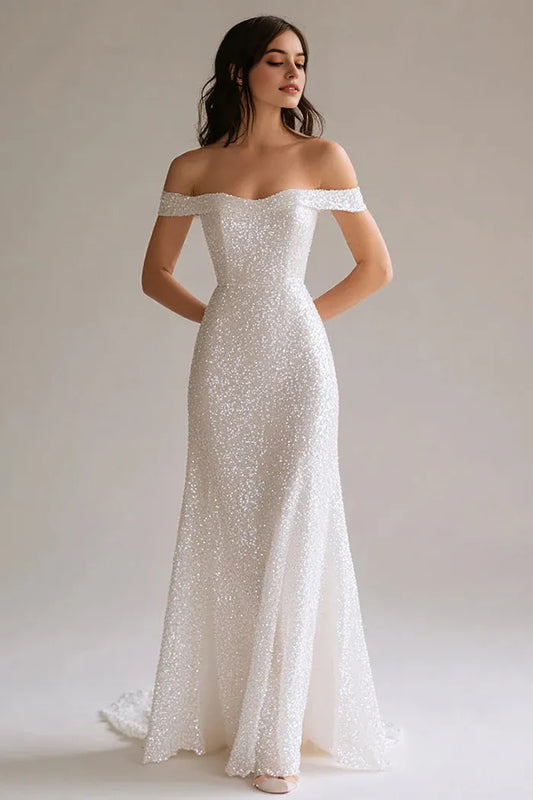 Dress Sparkly White Sequin Sheath Off the Shoulder Maxi Dress Prom Dress Sleeveless Sweep&Brush Train Evening Dress