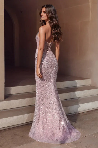 Dress Sparkly & Glamorous Sheath Strapless Sleeveless Beaded Fully Sequins Prom Party Gown Pleated Lace Up High Side Slit and Train Evening Formal Dress
