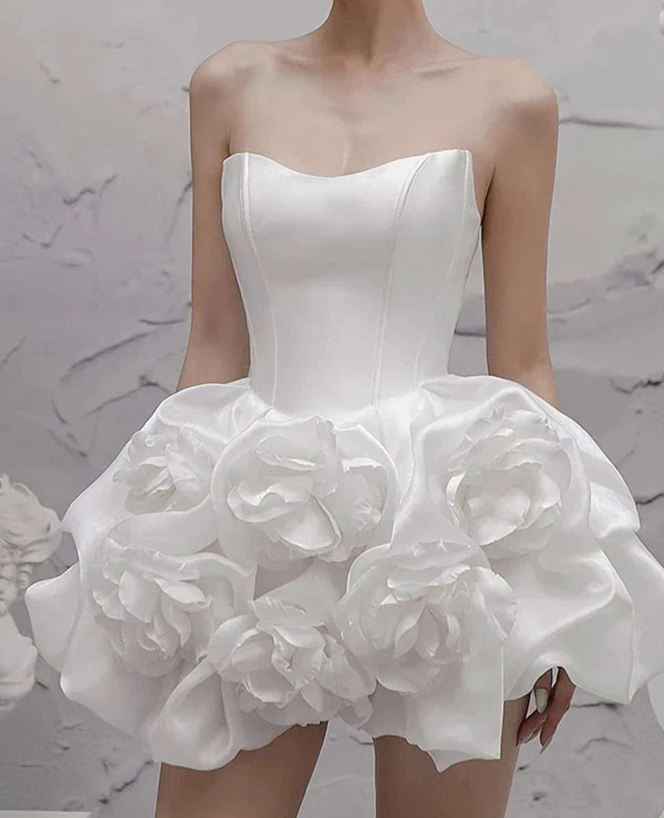 Dress Spliced 3D Flower White Solid Strapless Mini Dress Party Dress Elegant Corset A-line Prom Dress