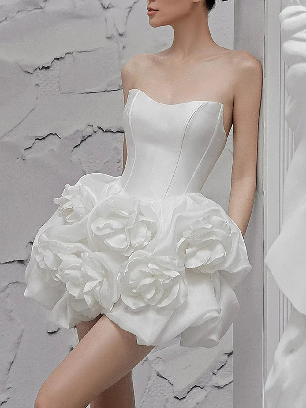 Dress Spliced 3D Flower White Solid Strapless Mini Dress Party Dress Elegant Corset A-line Prom Dress