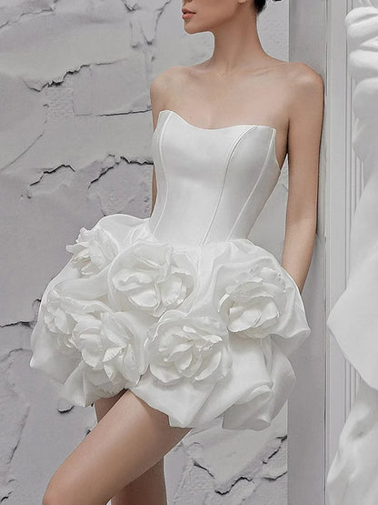Dress Spliced 3D Flower White Solid Strapless Mini Dress Party Dress Elegant Corset A-line Prom Dress
