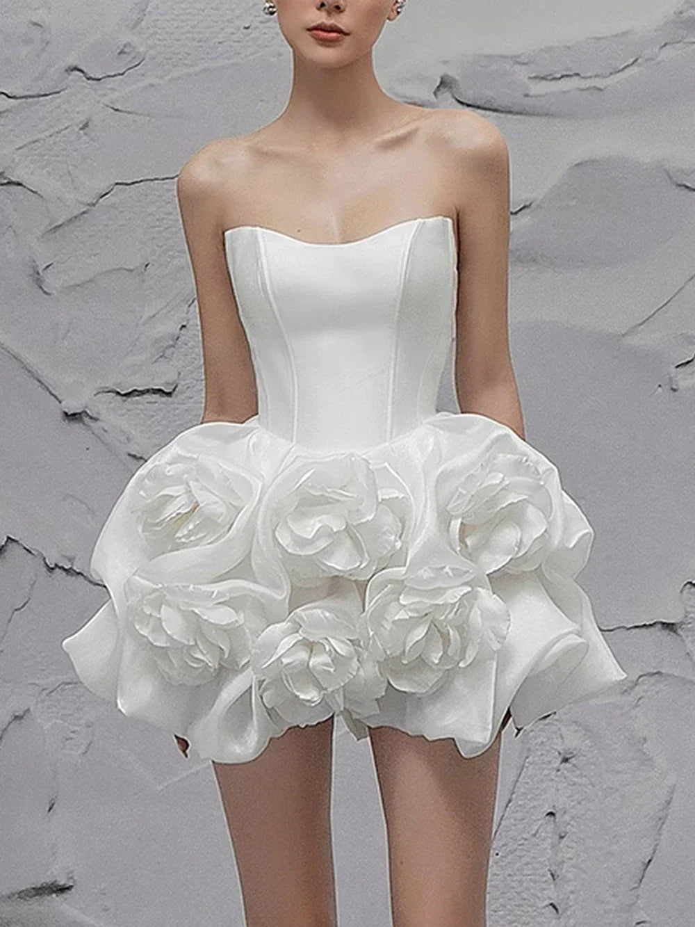 Dress Spliced 3D Flower White Solid Strapless Mini Dress Party Dress Elegant Corset A-line Prom Dress