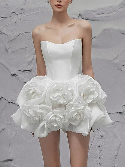 Dress Spliced 3D Flower White Solid Strapless Mini Dress Party Dress Elegant Corset A-line Prom Dress