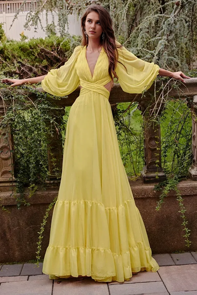 Dress Spring Fall Dress for Women Long Sleeve Regular Fit Neck Lantern Sleeve O-ring Slit Floor Length Prom Dress
