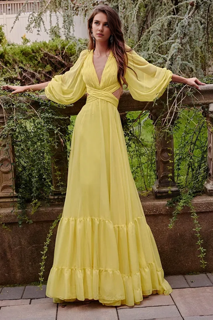 Dress Spring Fall Dress for Women Long Sleeve Regular Fit Neck Lantern Sleeve O-ring Slit Floor Length Prom Dress