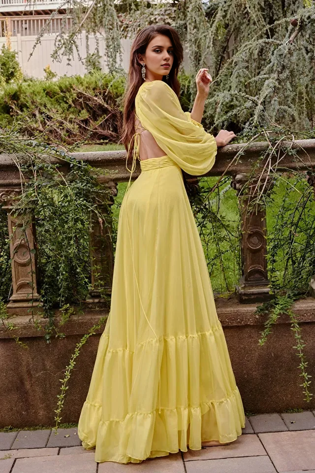 Dress Spring Fall Dress for Women Long Sleeve Regular Fit Neck Lantern Sleeve O-ring Slit Floor Length Prom Dress