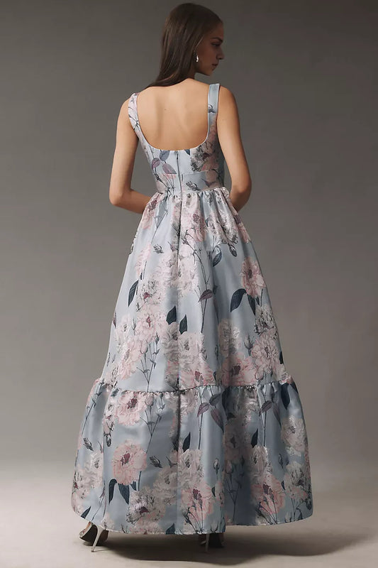 Dress Square-Neck Romantic Floral Printed Satin Maxi Dress Sleeveless A-Line Wide Straps Prom Dress