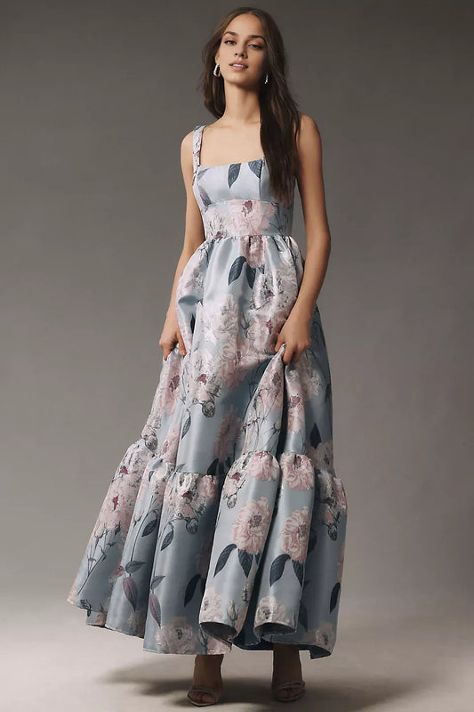 Dress Square-Neck Romantic Floral Printed Satin Maxi Dress Sleeveless A-Line Wide Straps Prom Dress
