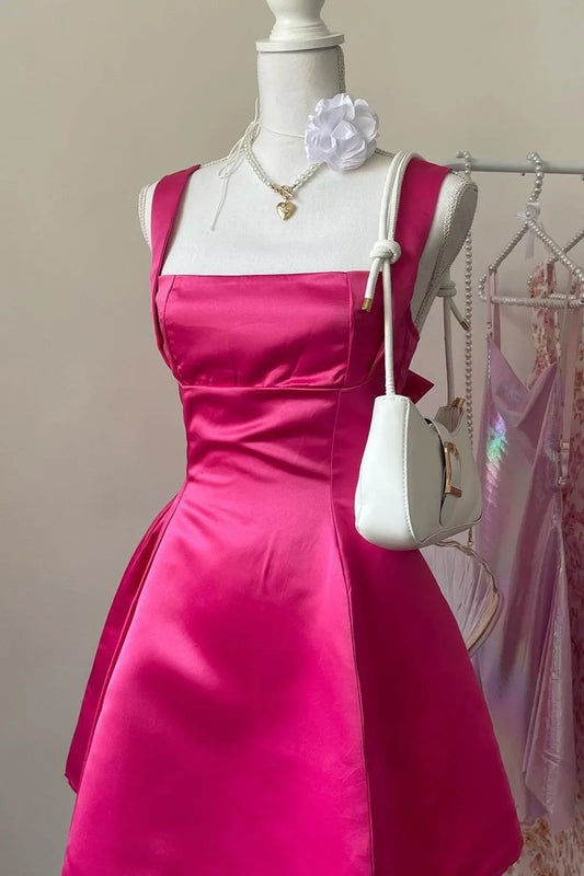 Dress Square Collar Fuchsia Back Bow A-line Short Party Dress Lace-Up Back Homecoming Dress