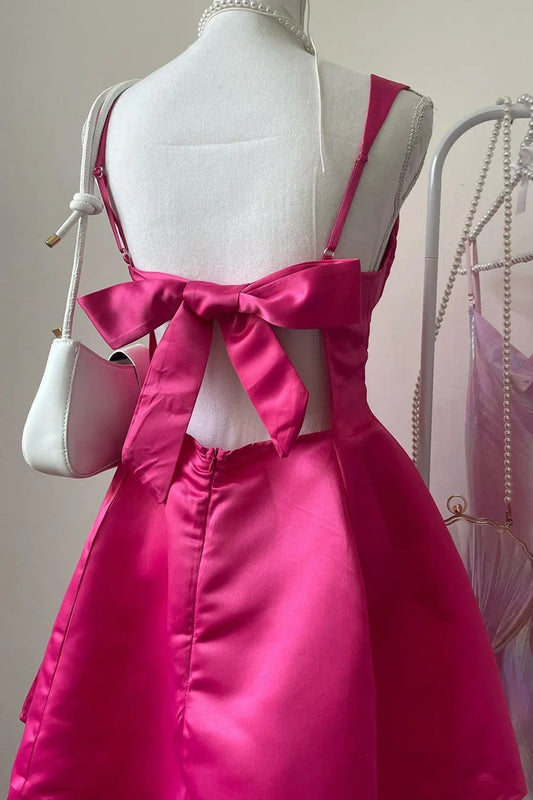 Dress Square Collar Fuchsia Back Bow A-line Short Party Dress Lace-Up Back Homecoming Dress