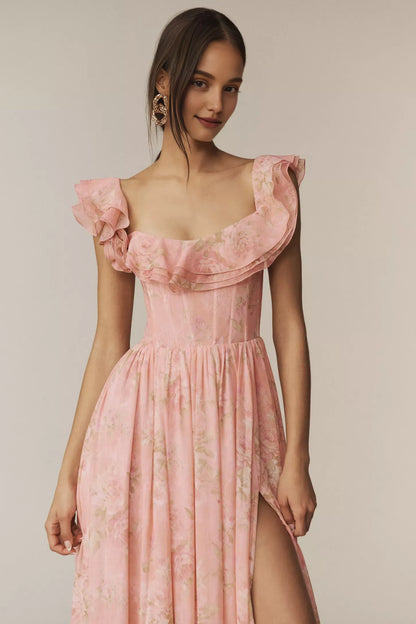 Dress Square Neck A-line Sleeveless With Side Slit Prom Dress Off-The-Shoulder Light Pink Maxi Dress
