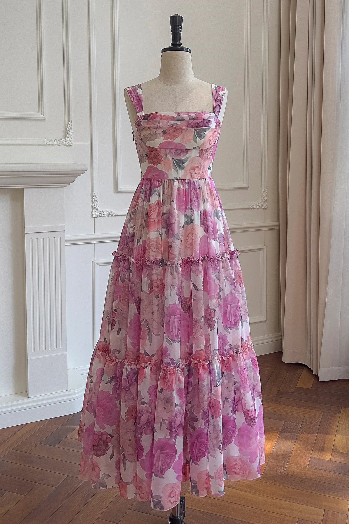 Dress Square Neck Floral Print A line Long Dress Lace-up Back Prom Dress