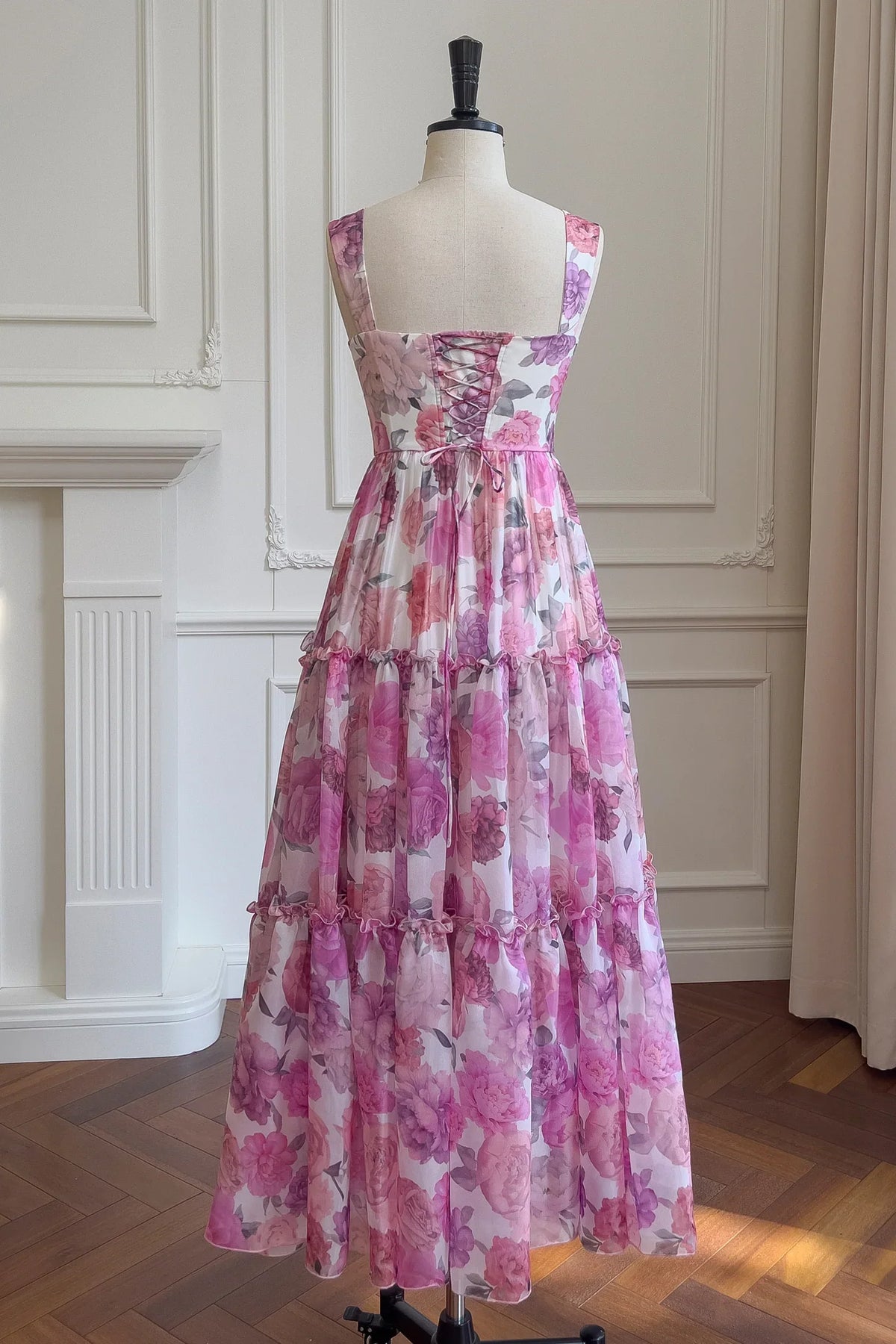Dress Square Neck Floral Print A line Long Dress Lace-up Back Prom Dress