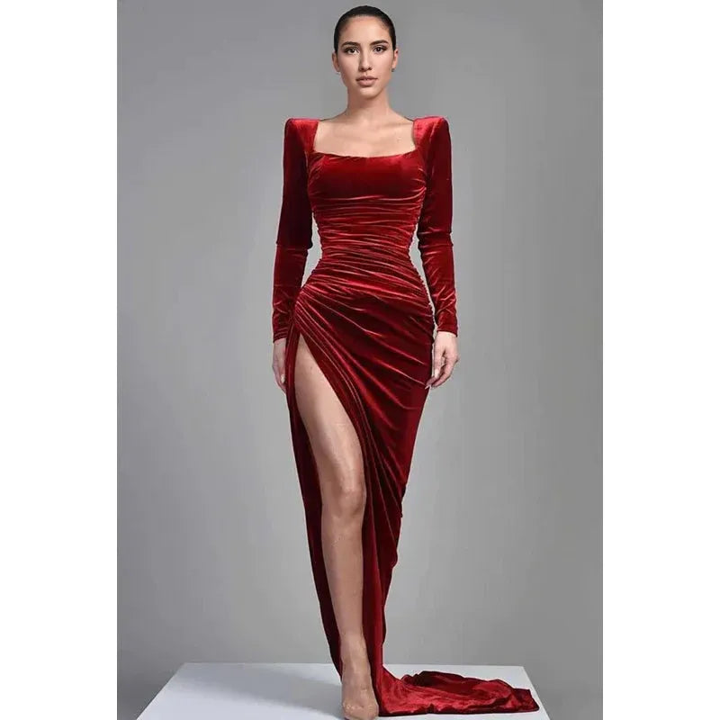 Dress Square Neck Long Sleeves Velvet Long Prom Evening Dress With Slit Party Dress