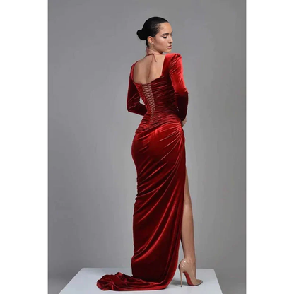 Dress Square Neck Long Sleeves Velvet Long Prom Evening Dress With Slit Party Dress