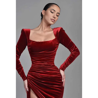 Dress Square Neck Long Sleeves Velvet Long Prom Evening Dress With Slit Party Dress