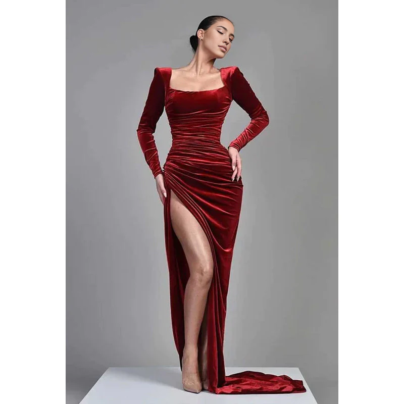 Dress Square Neck Long Sleeves Velvet Long Prom Evening Dress With Slit Party Dress
