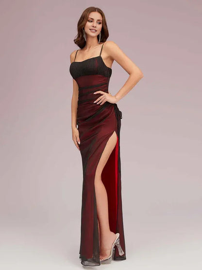 Dress Square Neck Sexy Spaghetti Straps Red And Black Prom Dresses With Side Hight Slit