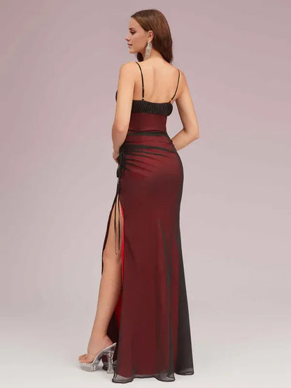 Dress Square Neck Sexy Spaghetti Straps Red And Black Prom Dresses With Side Hight Slit