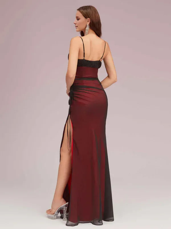 Dress Square Neck Sexy Spaghetti Straps Red And Black Prom Dresses With Side Hight Slit