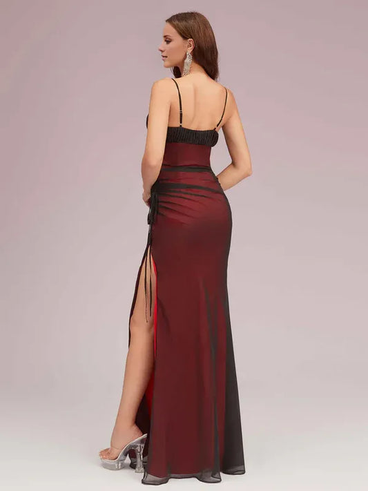 Dress Square Neck Sexy Spaghetti Straps Red And Black Prom Dresses With Side Hight Slit