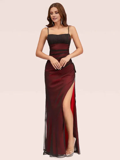Dress Square Neck Sexy Spaghetti Straps Red And Black Prom Dresses With Side Hight Slit