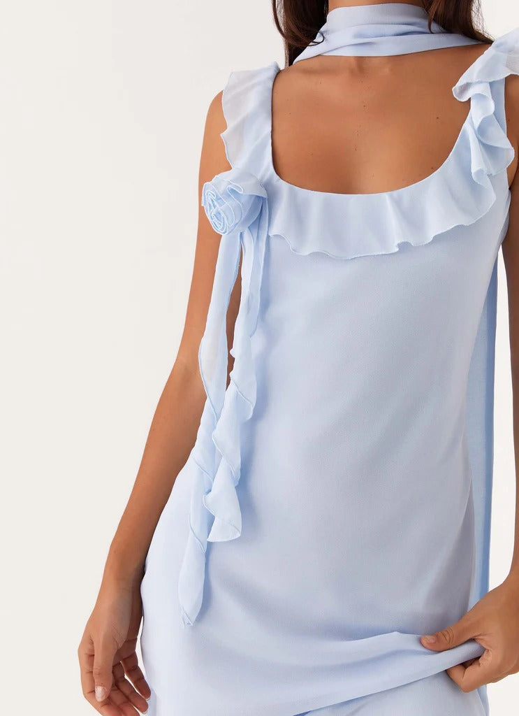 Dress Square Neck Sleeveless Sexy Backless Tea-Length Ruffle Straps Solid Color Prom Dress
