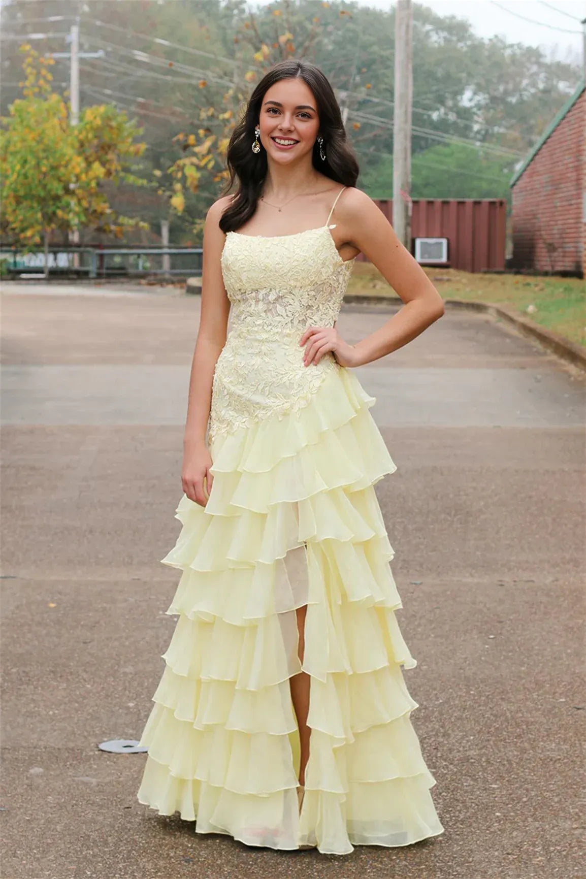 Dress Square Neck Yellow Appliques Tiered Long Dress Prom Dress