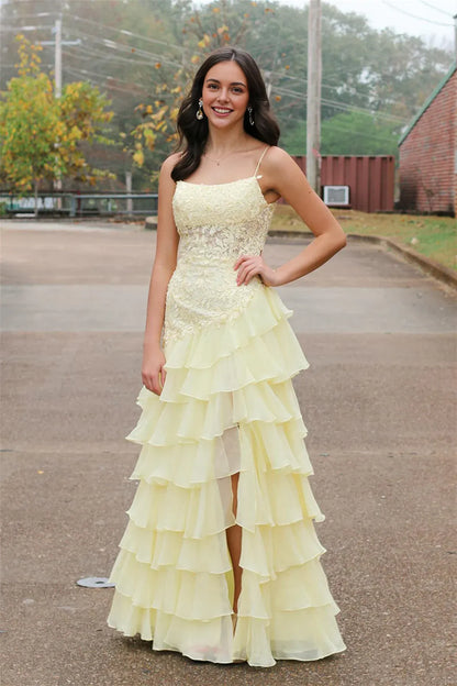 Dress Square Neck Yellow Appliques Tiered Long Dress Prom Dress